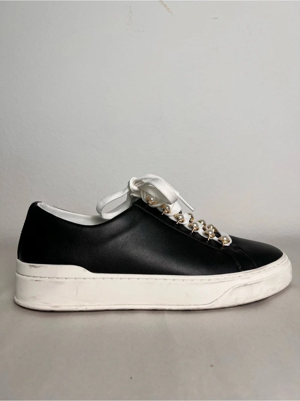 Stuart Weitzman Excelsa Black Embellished Lace Up Leather Sneakers Women's 8.5B